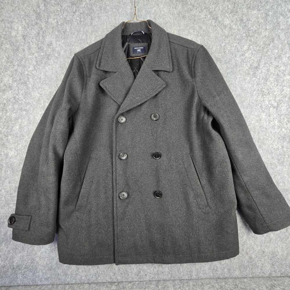 Dockers Mens XL Gray Double Breasted Quilted Lined Wool Blend Pea Coat Jacket